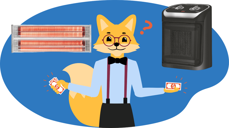 Der Smart-Home-Fox Experte steht zwischen einem elektrischen Heizlüfter und einem Infrarot Heizstrahler im Test und Vergleich